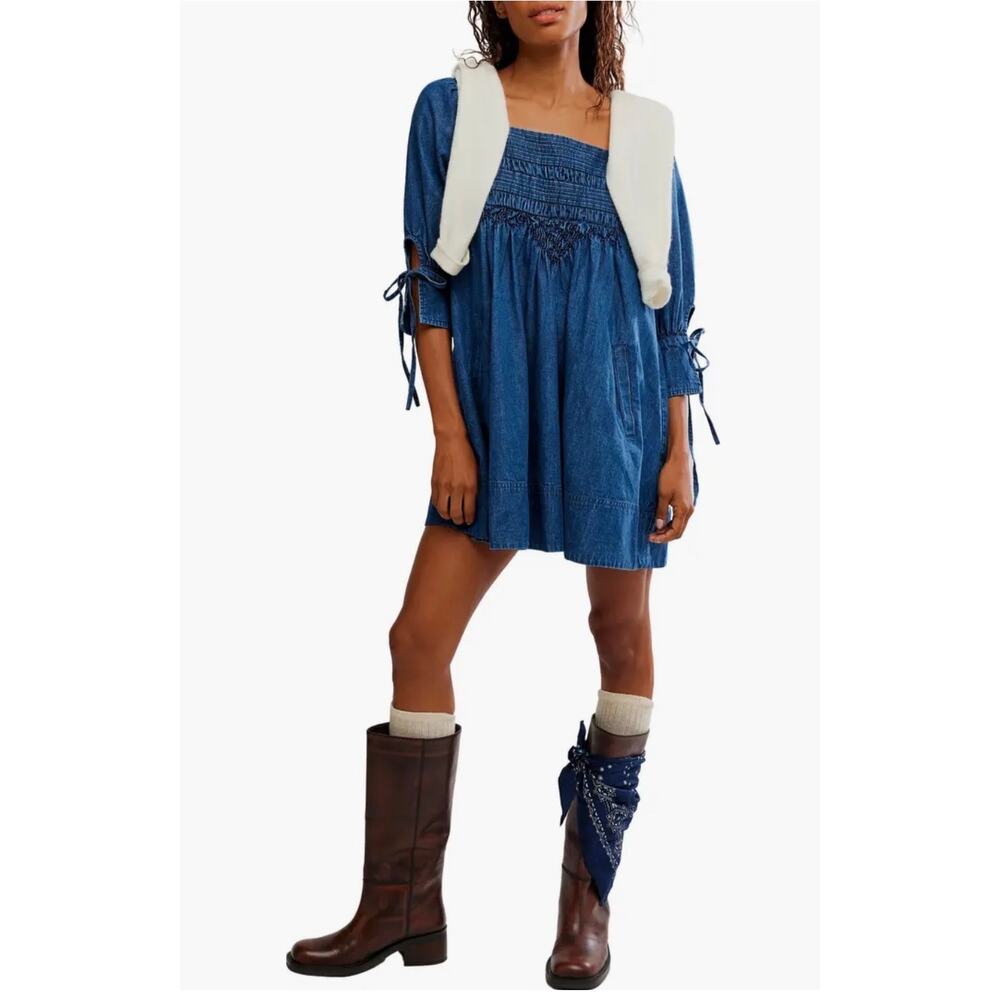 NWT Free People Sonora Denim Babydoll Mini Dress Square Neck L Midnight Rinse - Picture 8 of 12